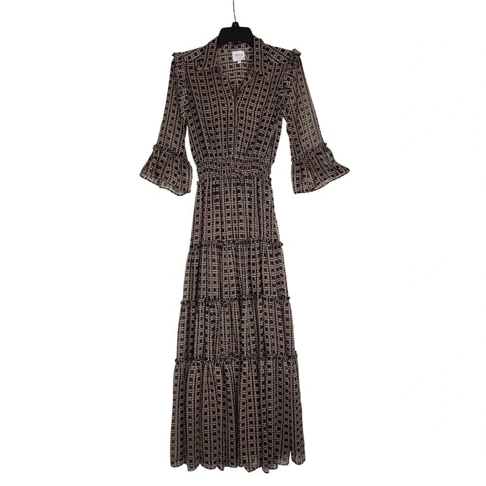 MISA Los Angeles Geometric Print Tiered Maxi Dress Flutter‎ Sleeve Collared XS/S - Picture 3 of 8